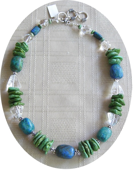 Green turquoise with azurite and rock quartz necklace. TN4  