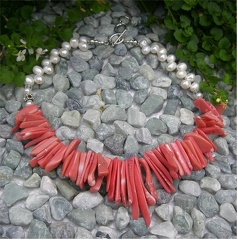 Pink coral slivers with freshwater pearls necklace.17.5-18.5&quot; Expandable sterling togglelong  R10  