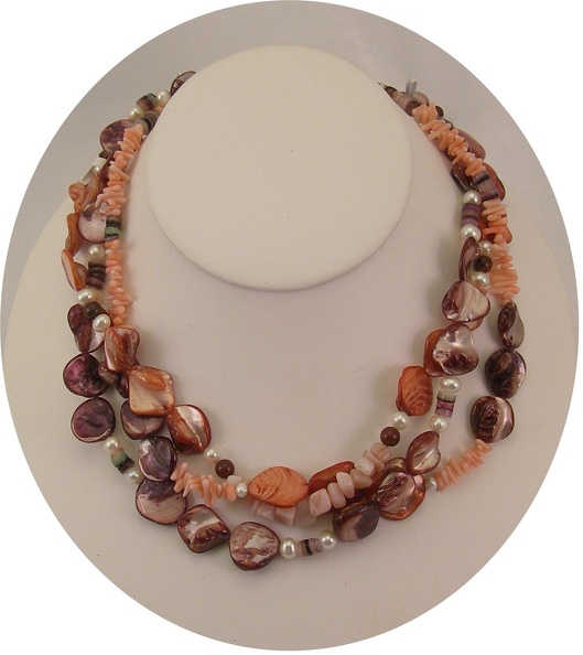 Sample of fall pearl collection in oranges and pink coral Triple_strand_orange_and_pink_mother_of_pearl.jpg