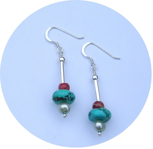 Freshwater pearl, turquoise and apple coral sterling earrings. ETurq. $30.00 Freshwater_pearl_turquoise_and_apple_coral_earrings.jpg