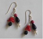 Red coral and black stone with pearl sterling earrings. $32.00