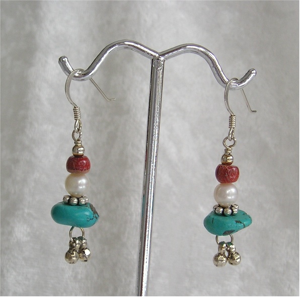 Turquoise, freshwater pearl and sponge coral sterling earrings with ball dangles.JPG