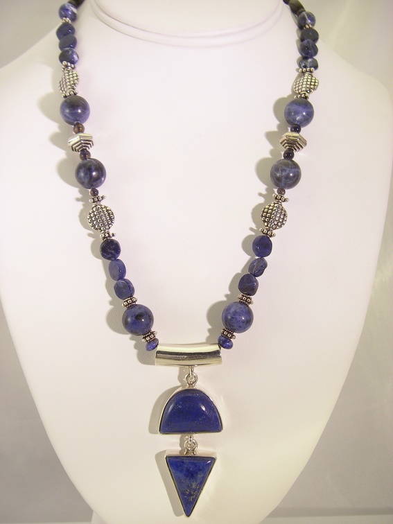 Double lapis sterling pendent with sodalite and Bali sterling.TL2035 19.5&quot;-20&quot; long 