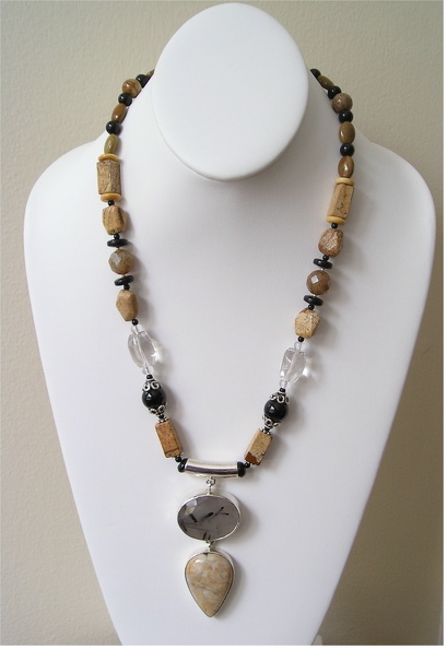 Double sterling pendant of tourmaline  inclusions in quartz and Botswana jasper on picture jasper, rock quartz and onyx necklace
