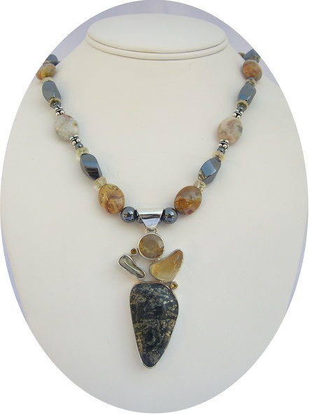 Multi stone sterling pendant on hematite, agate and jasper necklace.  19.25&quot; long  Citrine sterling clasp.  